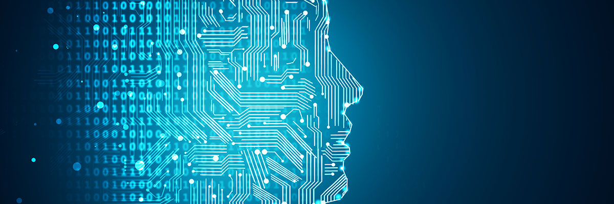 The silhouette of a person's face made up of lines and numbers representing data and information