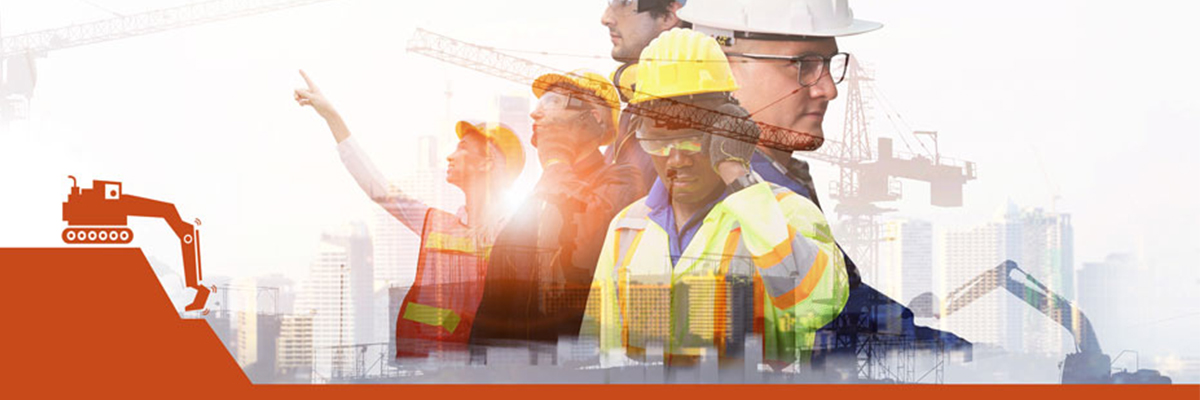 A group of construction workers is superimposed over the silhouette of a city skyline under construction