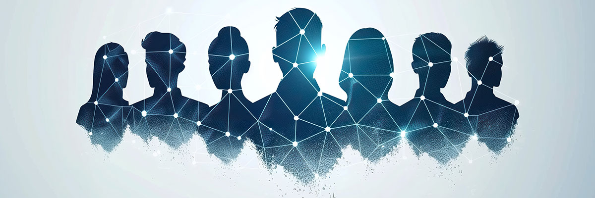 Staggered silhouettes of a group of people connected by visual pathways and connection points